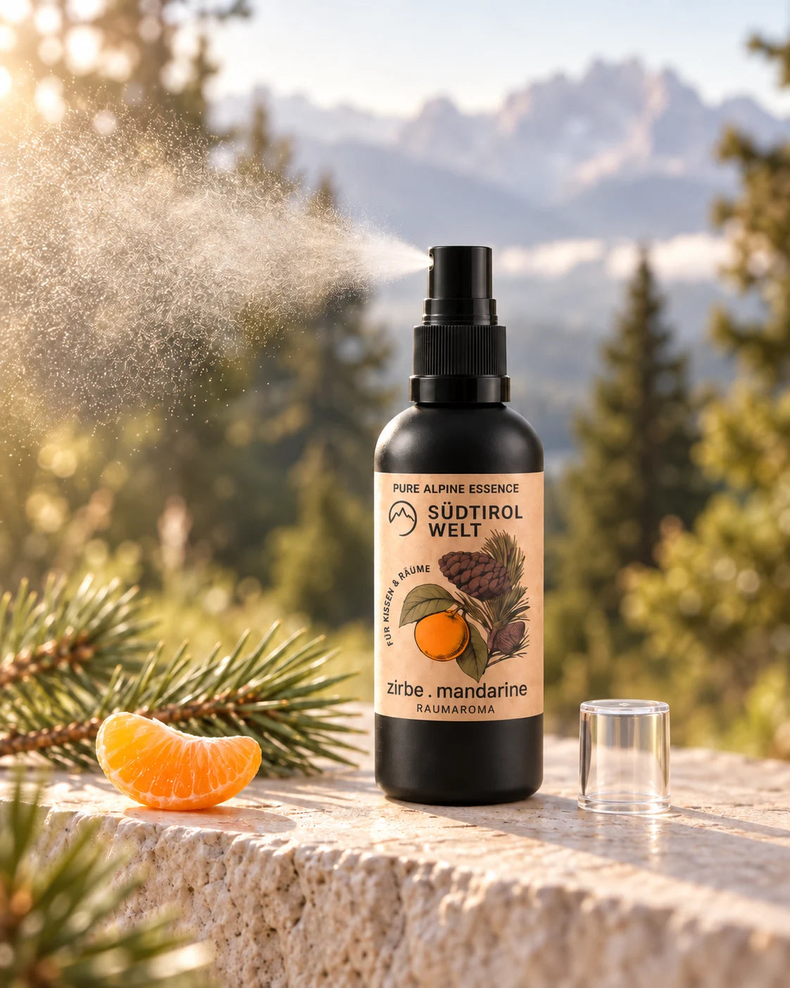 Zirbe-Mandarine-Spray mit feinem Sprühnebel, Mandarine und Nadelzweig