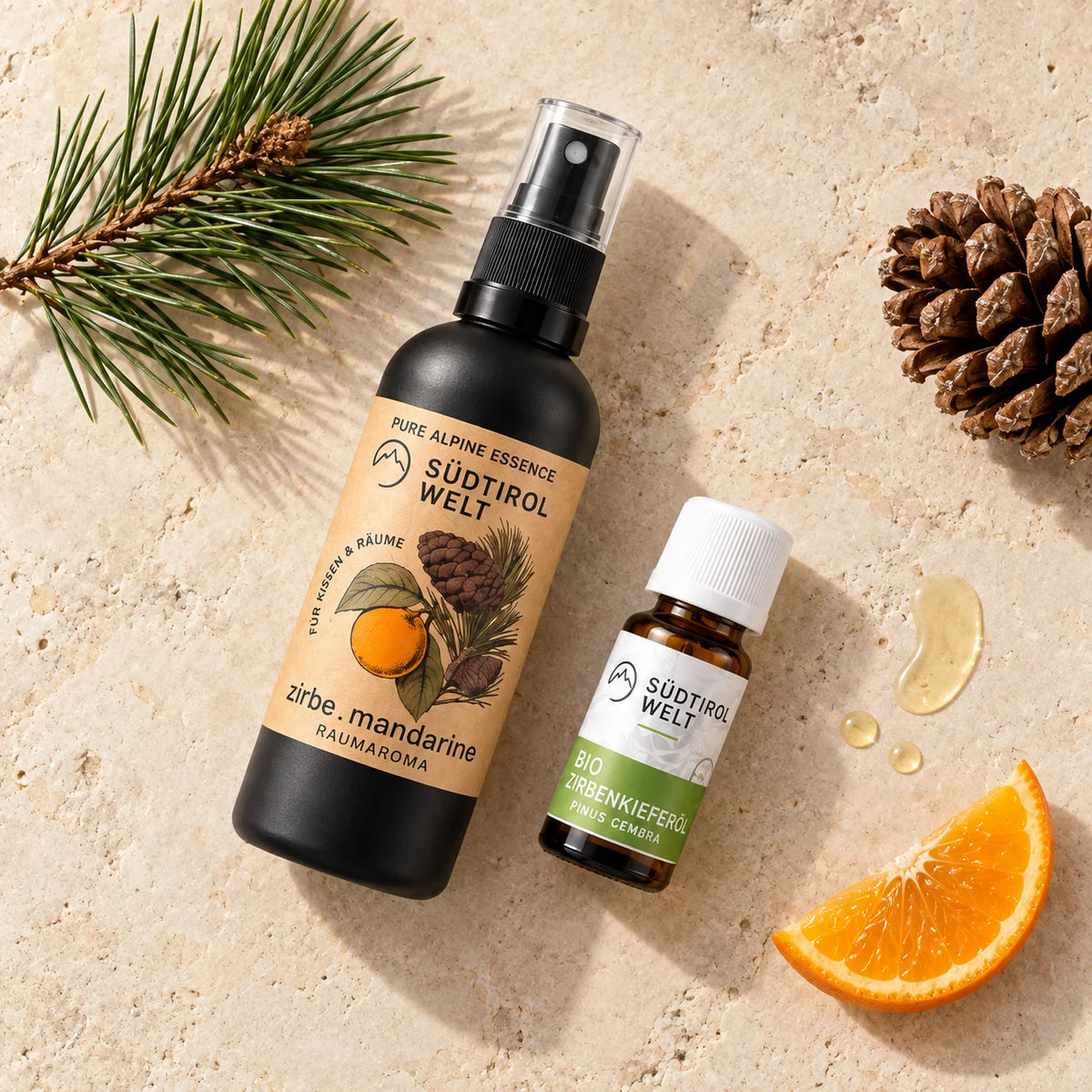 Zirbenöl und Spray mit Nadelzweig, Zapfen und Mandarine
